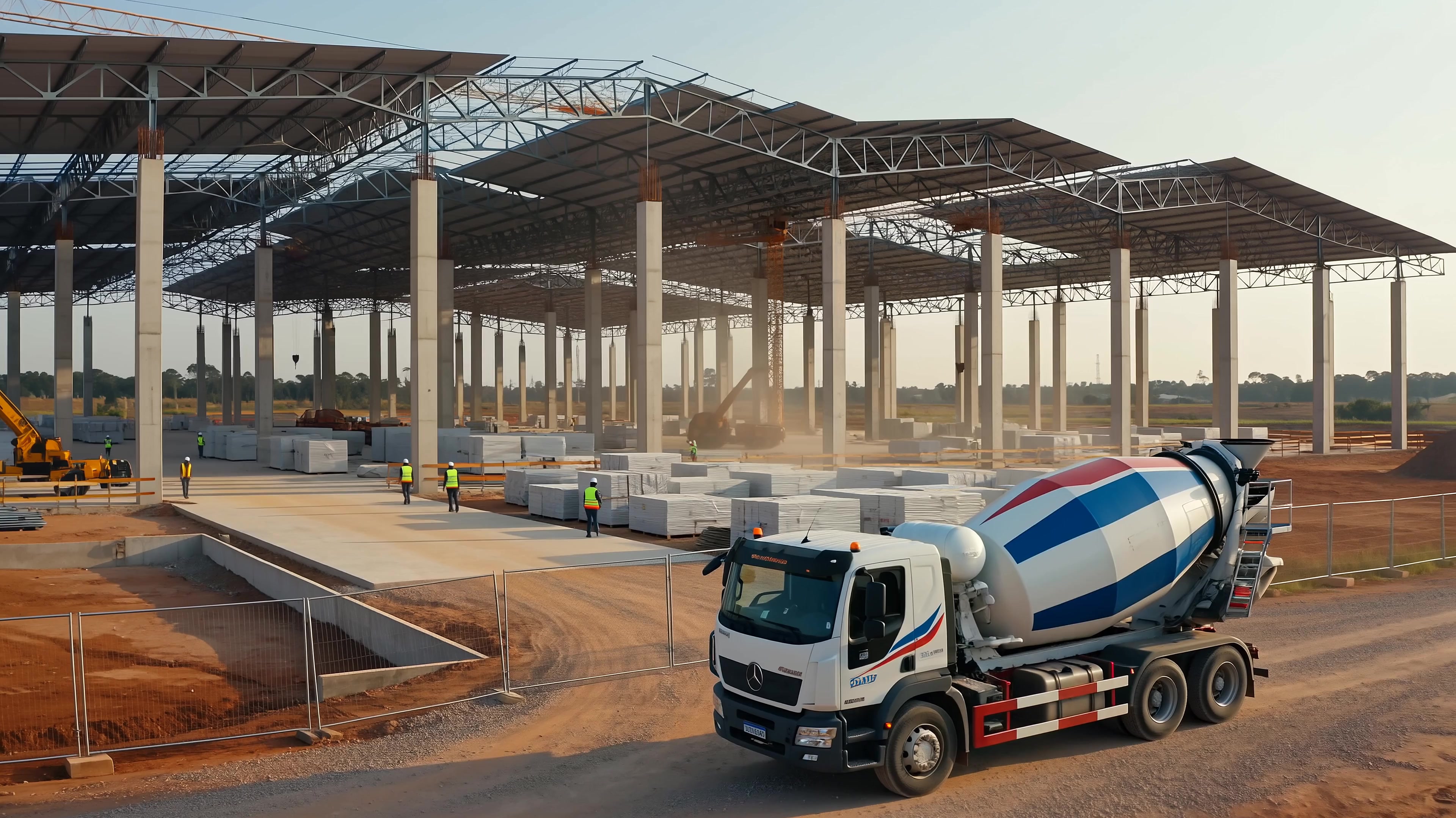 Cena ilustrativa de uma betoneira junto à construção de um galpão logístico