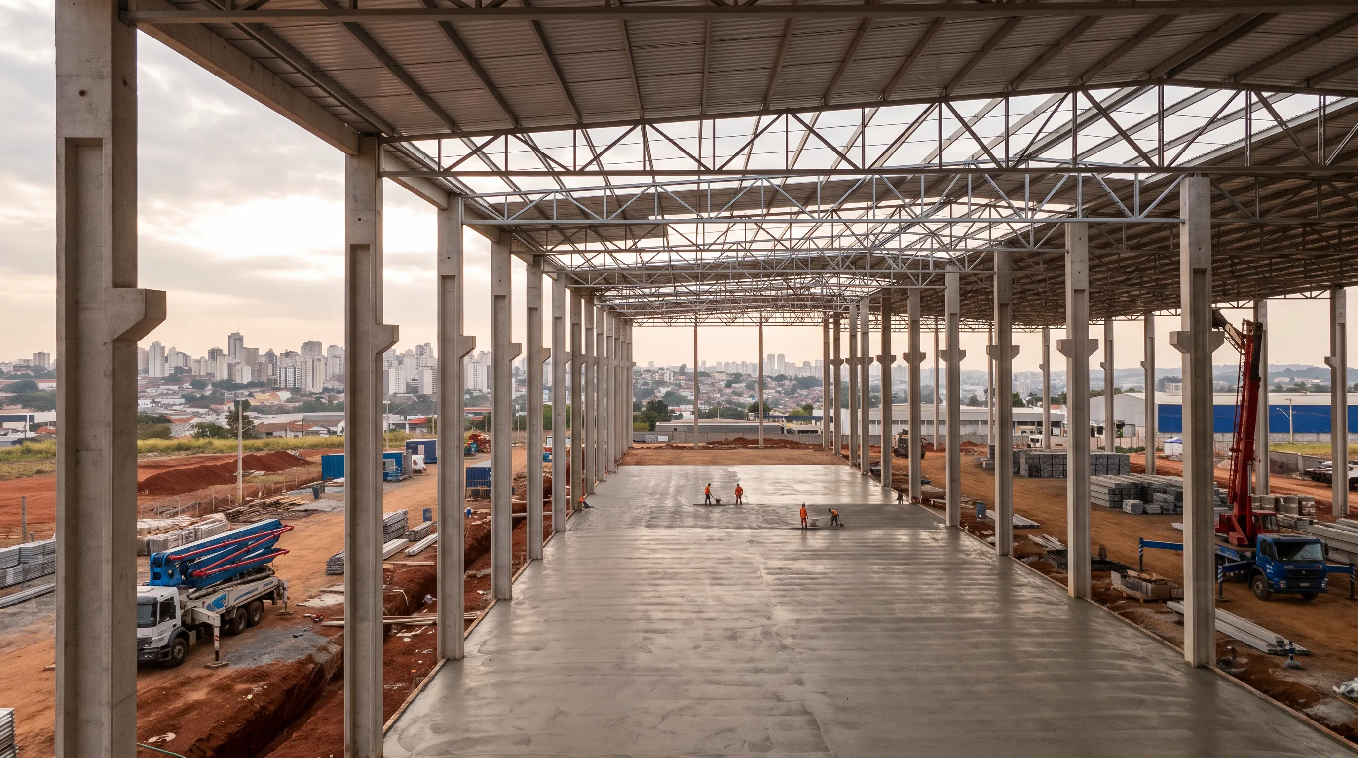 Cena ilustrativa do interior de um grande galpão com estrutura e piso de concreto