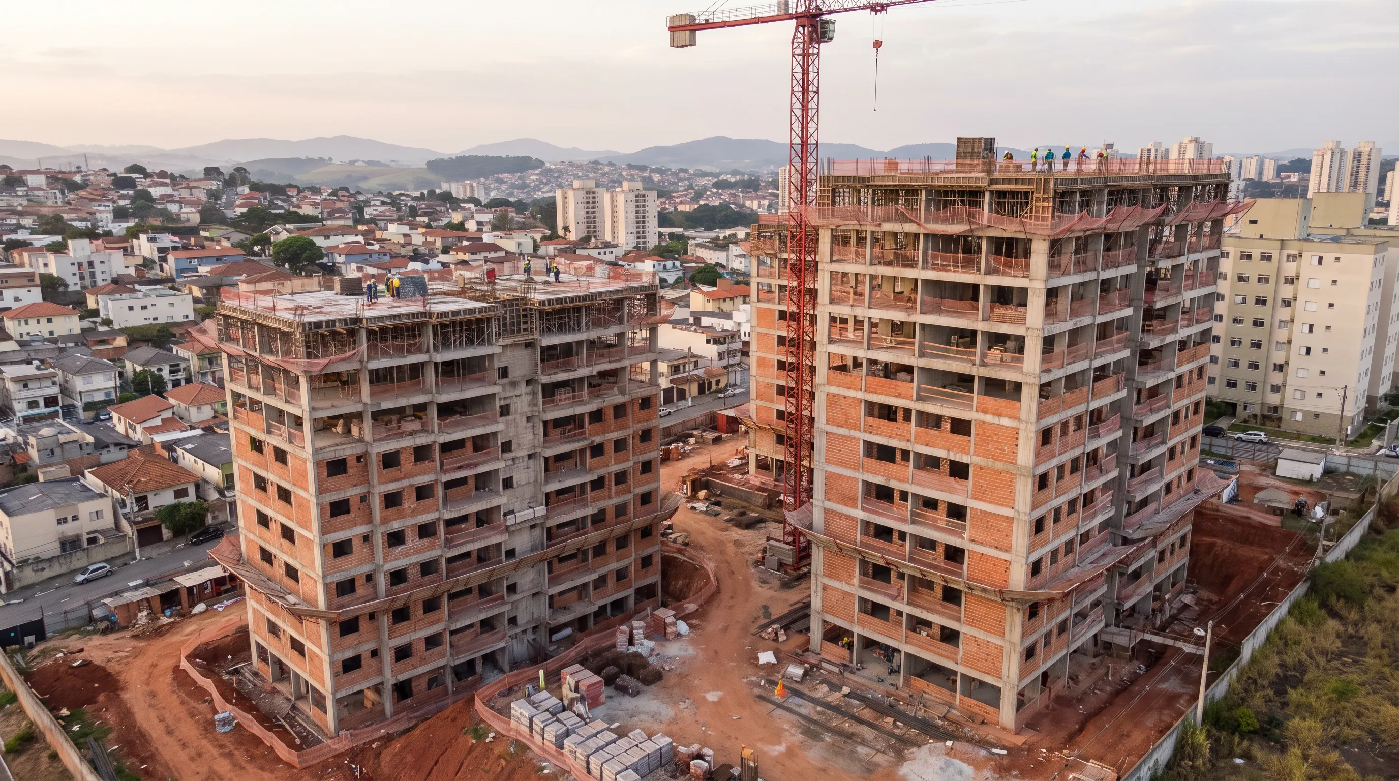 Cena ilustrativa de edifícios brasileiros com estrutura de concreto em execução
